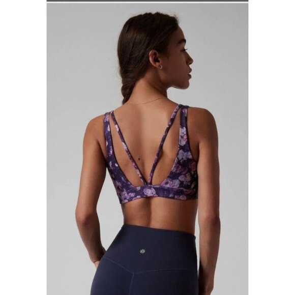 Athleta Exhale Printed Sports Bra Women Small Purple Strappy Watercolor Floral - Picture 1 of 7
